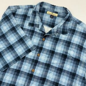 Tommy Bahama 100% Silk Button Up Shirt‎ Mens XL Blue Plaid Check Short Sleeve